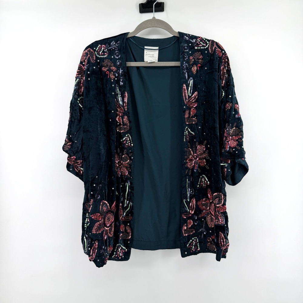 A Picture's Worth Kimono Sequin Beaded Velvet L Teal Oversized Boho